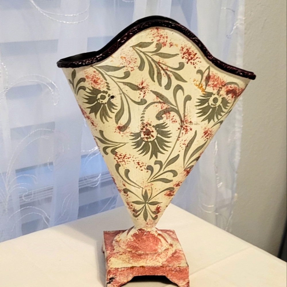 ❤ VINTAGE STEEL  VASE ART DECOR FLORAL DESIGN HAND PAINTED MADE IN INDIA